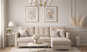 Narożnik skandynawski z funkcją spania DIVO - tkanina PAROS 02 (kremowy)